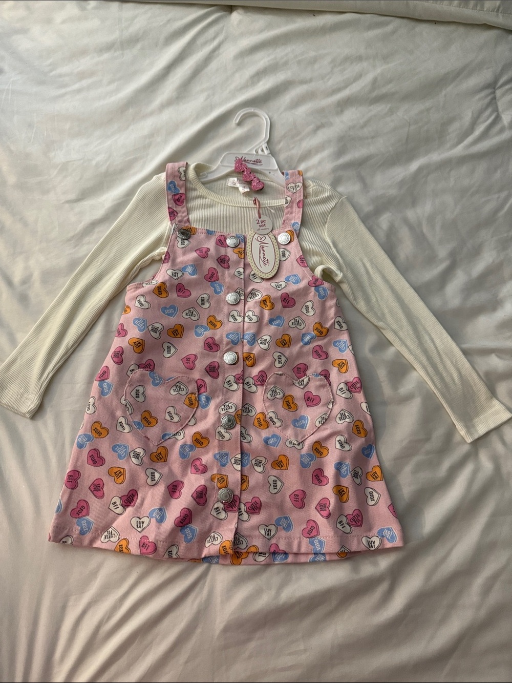 Nannette Pink Heart Print Pinafore Dress with Cream Long Sleeve Top